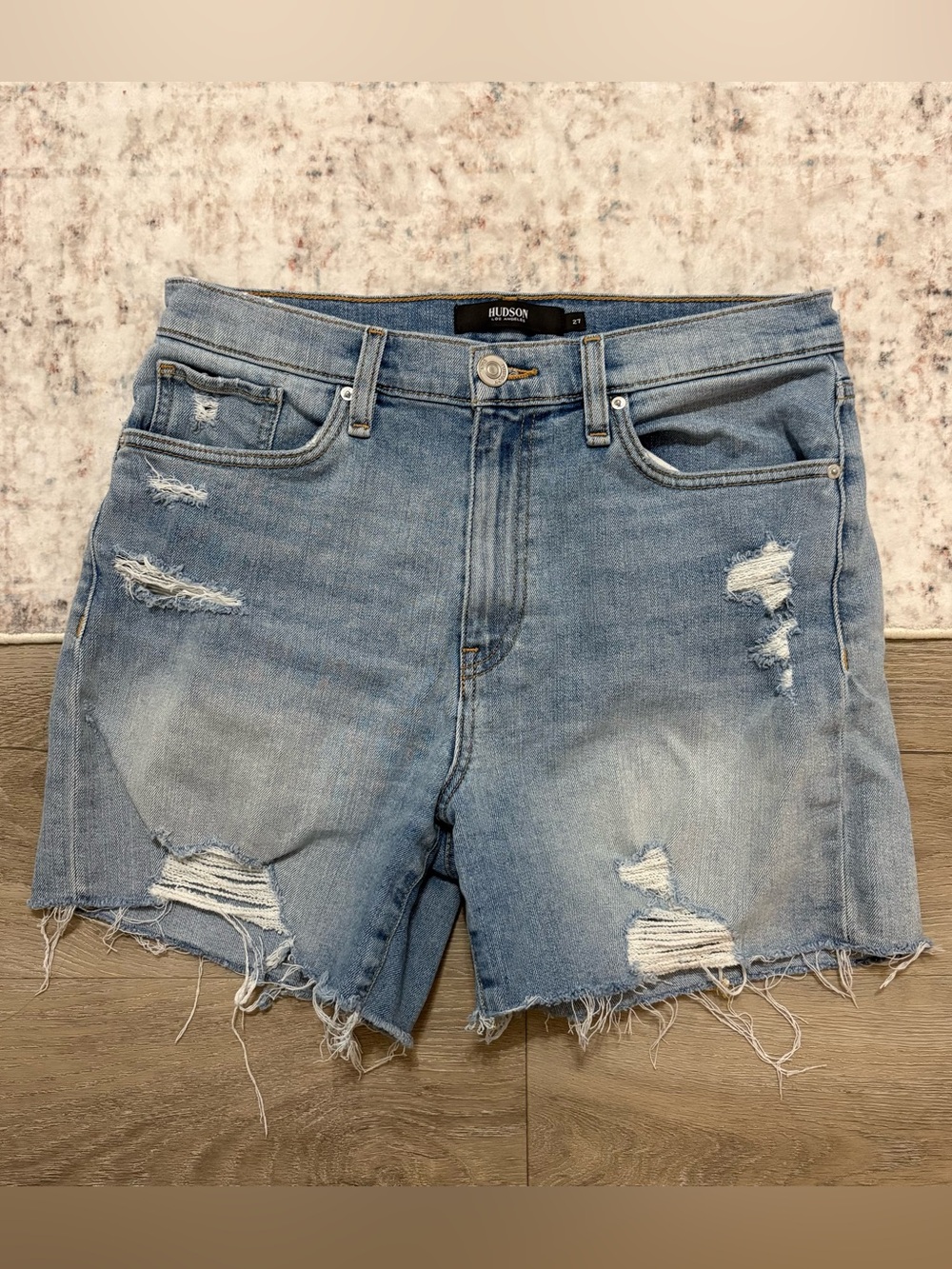 Hudson Denim Devon Biker Shorts, Blue Wash Mid Length Shorts